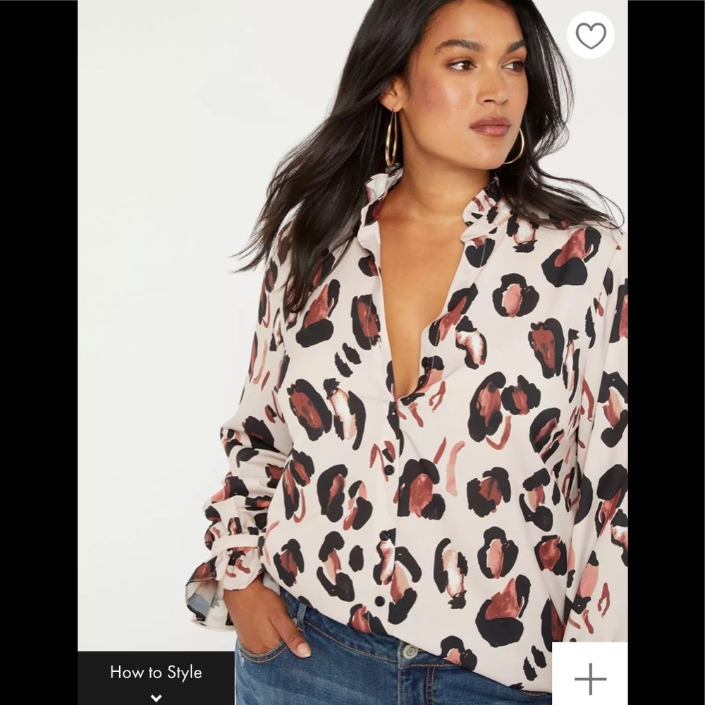 NWT Eloquii Printed Button Down Shirt W/ Ruffle Neck